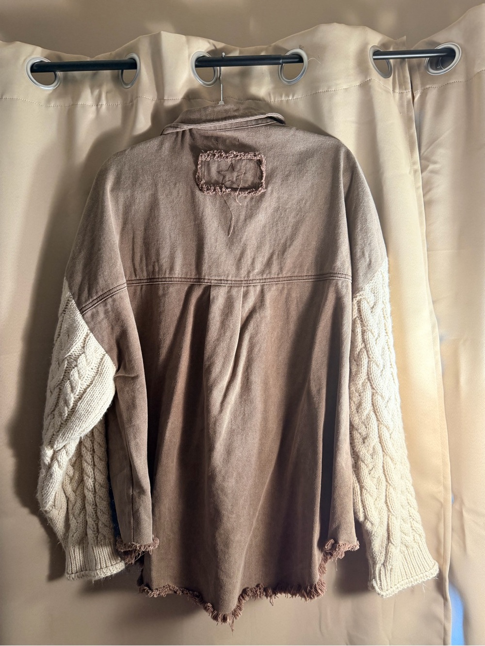 POL Brown Button-Up Shirt with Cream Cable-Knit Sleeves - Picture 2 of 5